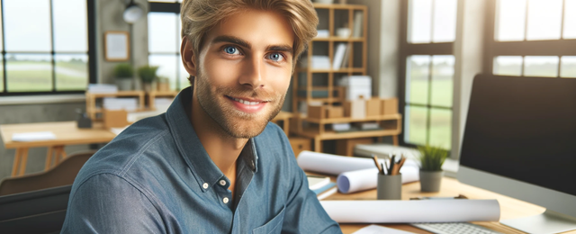 Ein blondhaariger, Bauleiter sitzt in lässiger Kleidung an einem Schreibtisch und arbeitet mit der Termplanungs Software Bauprogramm um einen Bauzeitenplan zu erstellen