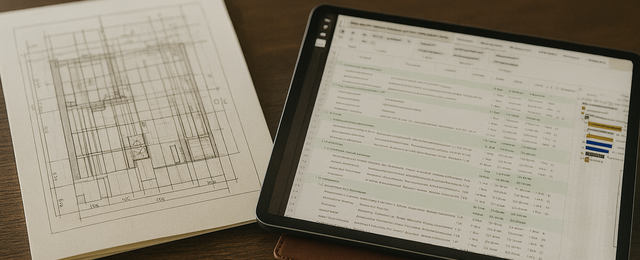 Tablet mit Bauprogramm neben Bauplan auf Tisch.