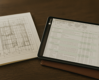 Tablet mit Bauprogramm neben Bauplan auf Tisch.
