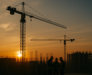 Bauleiter besprechen sich auf einer Großbaustelle bei Sonnenuntergang.