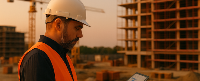 Bauleiter auf Baustelle prüft Baufortschritt auf Tablet bei Sonnenuntergang, mit Kranen und Baugerüst im Hintergrund, realistische Fotografie in warmem Licht.