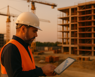 Bauleiter auf Baustelle prüft Baufortschritt auf Tablet bei Sonnenuntergang, mit Kranen und Baugerüst im Hintergrund, realistische Fotografie in warmem Licht.