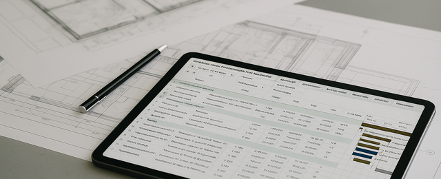 iPad im Querformat zeigt digitalen Bauzeitenplan mit Gantt-Diagramm auf Tisch mit Architekturplänen und Stift, modernes Corporate-Stockfoto mit natürlichem Licht.