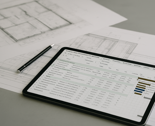 iPad im Querformat zeigt digitalen Bauzeitenplan mit Gantt-Diagramm auf Tisch mit Architekturplänen und Stift, modernes Corporate-Stockfoto mit natürlichem Licht.