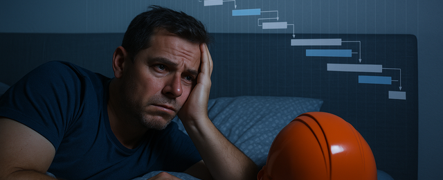 Bauleiter mit Helm der an Termine denkt.