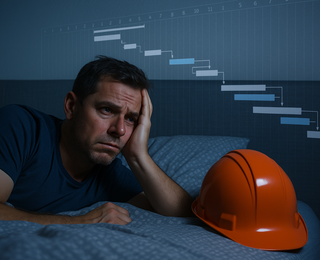 Bauleiter mit Helm der an Termine denkt.