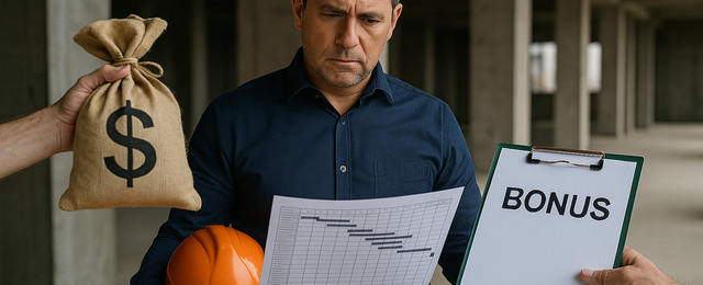 Bauleiter auf Baustelle mit Helm und Geldsack