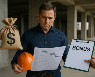 Bauleiter auf Baustelle mit Helm und Geldsack