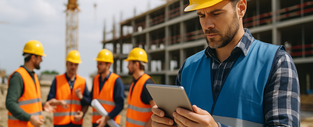 Bauleiter besprechen sich auf einer Großbaustelle.