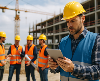 Bauleiter besprechen sich auf einer Großbaustelle.