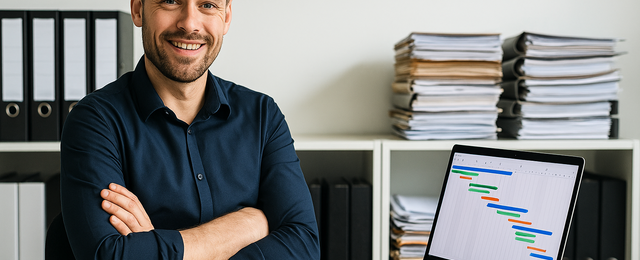 Bauleiter im Büro mit vielen Akten