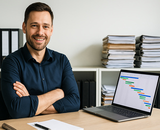 Bauleiter im Büro mit vielen Akten
