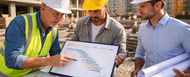 Bauleiter auf der Baustelle bei der Besprechung eines bauprogramm.com. Im Hintergund ist eine Baustelle. Bauleiter tragen Bauhelme.