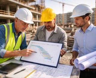 Bauleiter auf der Baustelle bei der Besprechung eines bauprogramm.com. Im Hintergund ist eine Baustelle. Bauleiter tragen Bauhelme.