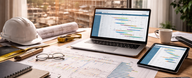 Arbeitsplatz von Bauleiter mit Aussicht auf eine Baustelle. Helm auf dem Tisch und Terminprogramm von bauprogramm.com auf IPad, Notebook und ausgedruckt in Papierform