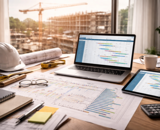 Arbeitsplatz von Bauleiter mit Aussicht auf eine Baustelle. Helm auf dem Tisch und Terminprogramm von bauprogramm.com auf IPad, Notebook und ausgedruckt in Papierform