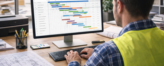 Bauleiter im Büro der an einem Terminprogramm arbeitet.