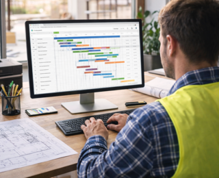 Bauleiter im Büro der an einem Terminprogramm arbeitet.